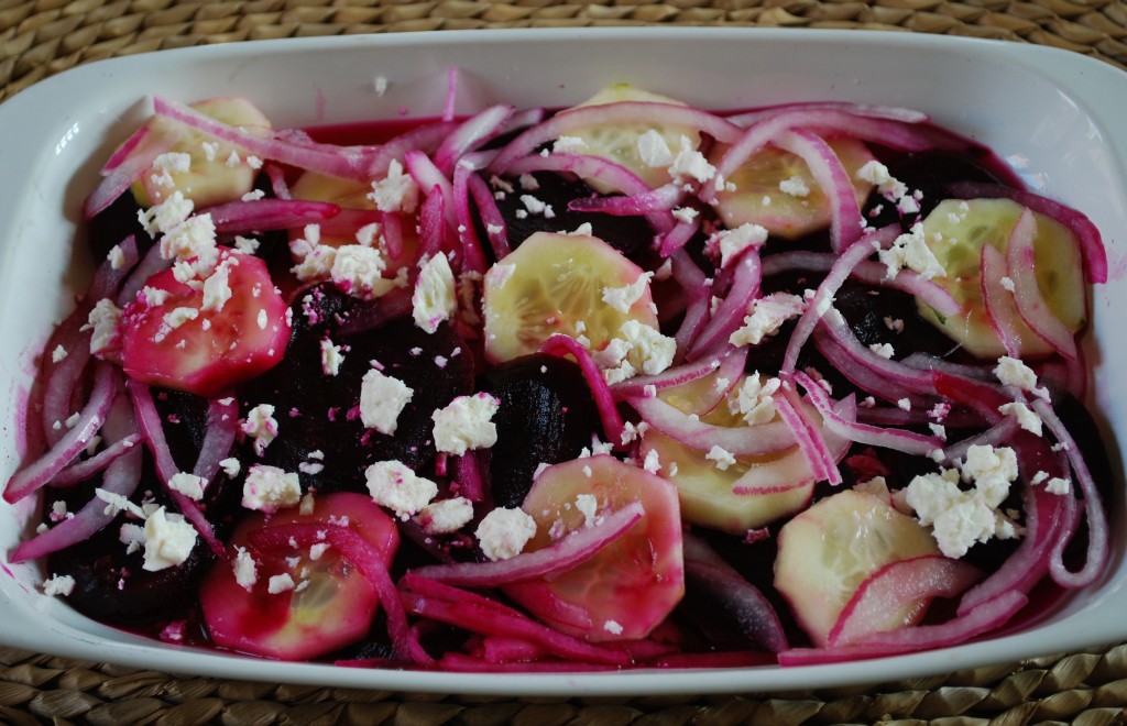 Roasted Beets with Pickled Cucumbers and Red Onions Topped with Feta